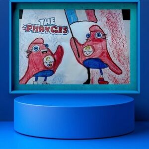 Colorful Kids' Art Print with Red and Blue Characters